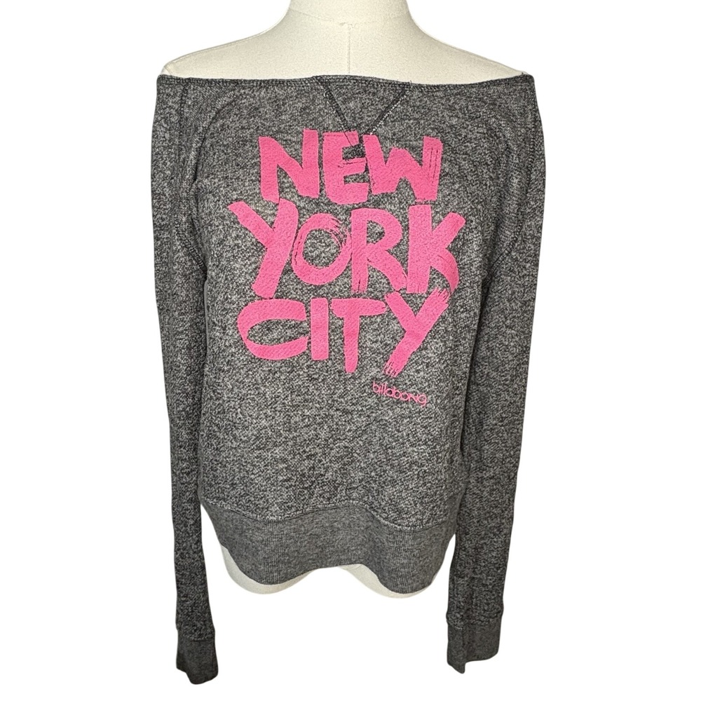 VTG Y2k Billabong New York Sweater Women's Medium Gray Pink Graphic Indie Sleeze